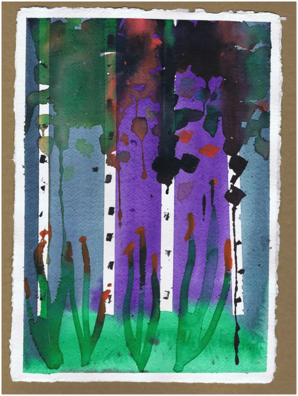 Rita Winkler's Painting: Birch Trees on Deckle-Edged Paper